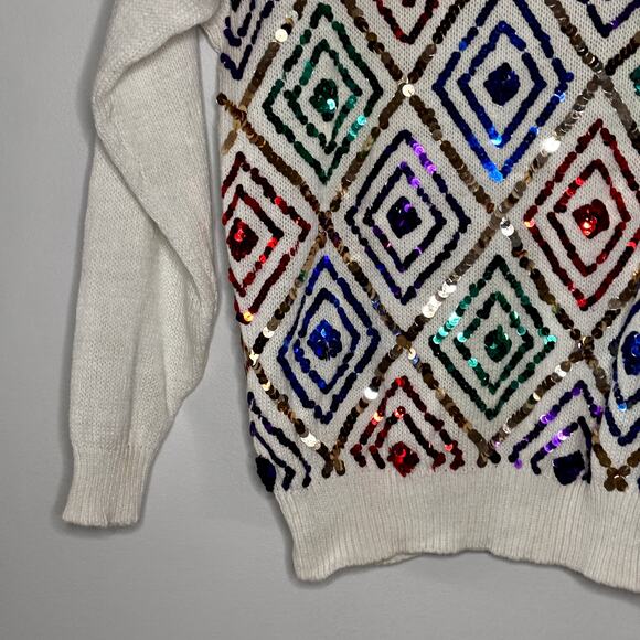 Vintage 1980s Sequins Sweater Princess Collection Rainbow Harlequin Design Sz L - Picture 8 of 16